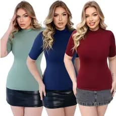 Blusa Feminina Manga Curta Gola Alta Malha Suplex Confortavel
