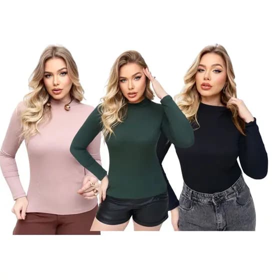 Blusa Feminina Manga Longa Gola Alta Malha Ribana Confortável