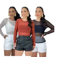 Blusa Tule Manga Longa Feminina Transparente Lisa