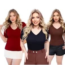 Blusa Malha  Ribana Gola V Manga Curta