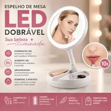 Espelho de Mesa LED para Maquiagem Dobrável com Aumento 10x Luz LED Organizador USB Branco