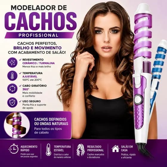 Modelador de Cachos Profissional Cacheador de Cabelo Cerâmica Bivolt Ondas e Cachos com Temperatura Ajustável