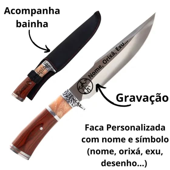Faca Candomblé Personalizada Resina Ritualística Aço Inox Com Bainha