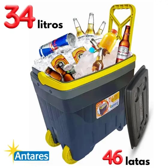 Caixa Térmica 34L | 46 Latas Cooler com Rodas Reforçadas Camping, Sítio, Praia e Piscina