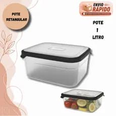 Pote De Plástico Retangular 1 Litro Vedação Hermética Atóxico Resistente a Impactos Cozinha  Marmita Microondas Preto