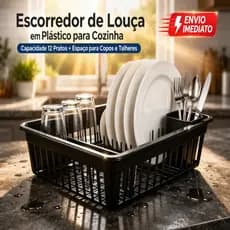 Escorredor de Louça em Plástico para Cozinha – Capacidade 12 Pratos + Espaço para Copos e Talheres