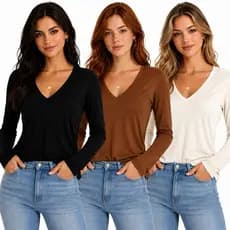 Kit 3 Blusas Femininas Manga Longa Gola V Básica Segunda Pele Casual Inverno Moda Feminina