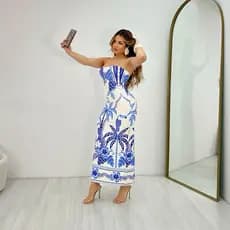 Vestido Feminino Midi Tomara Que Caia Tubinho Estampado Estampa Tropical