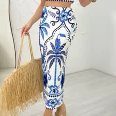 Saia Midi Feminina Elegante Estampa Tropical Verão