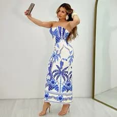 Vestido Feminino Midi Tomara Que Caia Tubinho Estampado Estampa Tropical