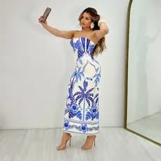 Vestido Feminino Midi Tomara Que Caia Tubinho Estampado Estampa Tropical