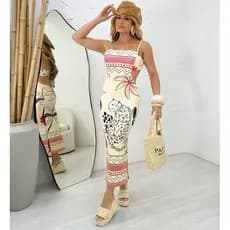 Vestido Feminino Midi Tubinho Elegante Com Bojo Estampado Estampa Tropical