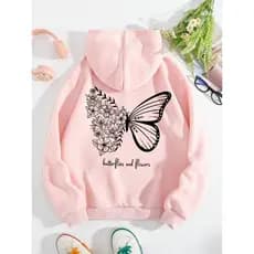 Moletom Feminino Blusa de Frio Borboleta Estampa Costas Casaco com Bolso Canguru Cordão Capuz Linha Premium