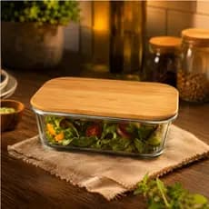 Pote Vidro Hermético Retangular Grande 1040ml Marmita Com Tampa De Bambu Natural Vedação Silicone