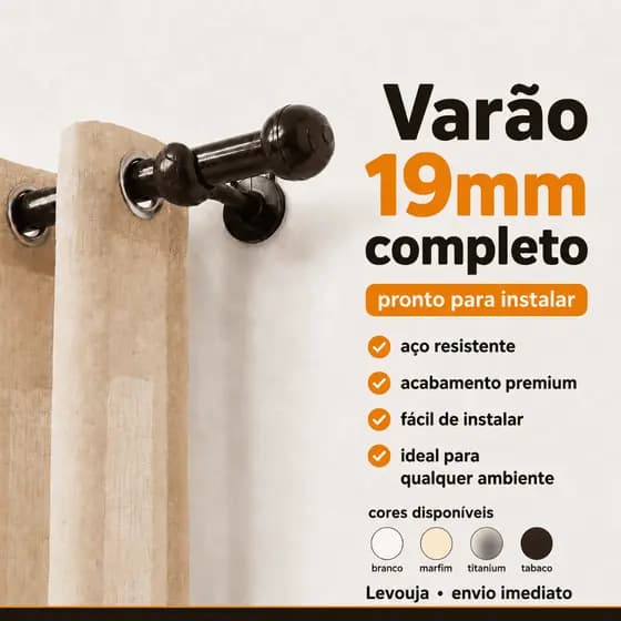 Varão de Cortina 2 metros Kit Completo - Bastao de Aço Resistente 19mm - Simples e Chique para sua casa
