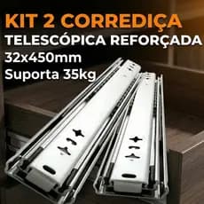 Kit Corrediça Telescópica 45cm Reforçada e Silenciosa 35kg Trilho Gaveta Guarda-Roupa Cômoda