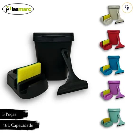 Conjunto Porta Detergente Lixeira 8 Litros e Rodo de Pia Kit 3 Peças Cozinha Gourmet Banheiro