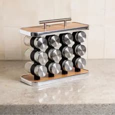 PORTA TEMPEROS KIT 12 PÇS VIDRO 1 SUPORTE DE MADEIRA E AÇO INOX