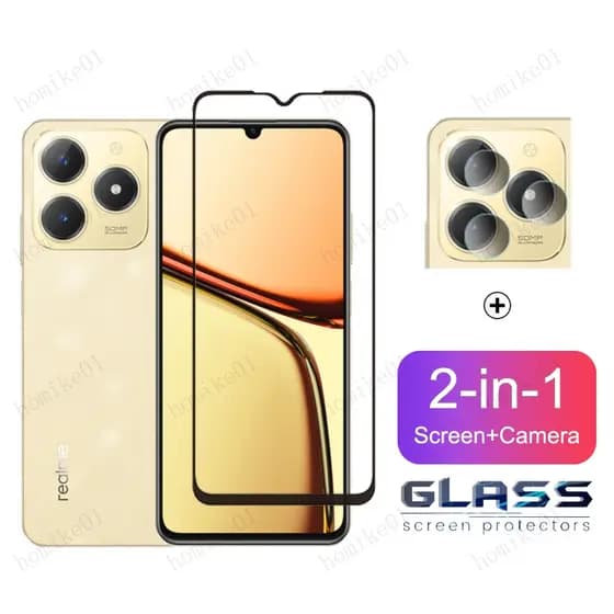 2 Em 1 9D Película De Vidro Realme C61 Temperado Para C63 C65 C67 C25 C25s C25Y C21Y 11X 12X 12+ 12 11 10 Pro Plus 5G Note 50 Narzo 50i 50A Prime 50 70 Pro Protetor De Tela De Cobertura Total Filme De Lente