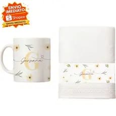 Caneca + Toalha com nome e inicial personalizado / Kit Presente Personalizado