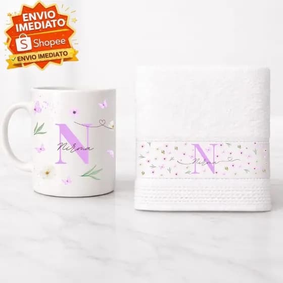 Caneca + toalha kit com inicial e nome personalizado para presente