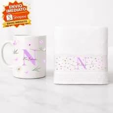 Caneca + toalha kit com inicial e nome personalizado para presente