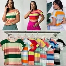 Kit 3 Blusa Feminina Tshirt Listrada Manga Dobrada Moda Prime