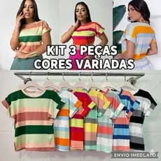 Kit 3 Blusa Feminina Tshirt Listrada Manga Dobrada Moda Primavera Verão
