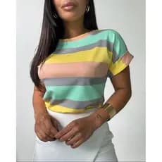 Blusinha Tshirt Listrada Manga Virada Luxo Feminina Premium