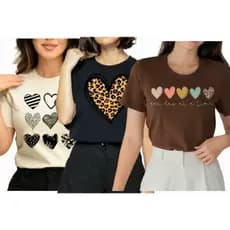 Kit 3 Tshirt Estampada Algodão Baby Look Moda Feminina Gold