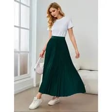 Saia Midi Elegante de Cintura Alta com Plissas para Mulheres - Tecido Macio e Versátil, Lavável à Máquina, Cor Sólida