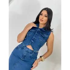 Conjunto Jeans Feminino lycra com colete e saia longa estilo midi tubinho com fenda frontal