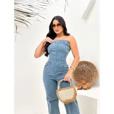 Macacão Longo Estilo Flare Jeans Feminino Tomara que Caia com Lycra