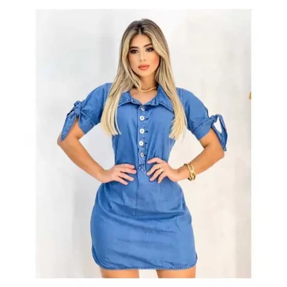 Vestido Jeans Chemise Sem Lycra. Vestido Jeans Feminino Botões Frontais Estilo Casual