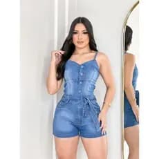 Macaquinho Jeans Curto com Cinto Removível feminino com Lycra
