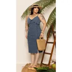Vestido Plus Size Jeans Feminino Midi Estilo Tubinho com Lycra e Fenda