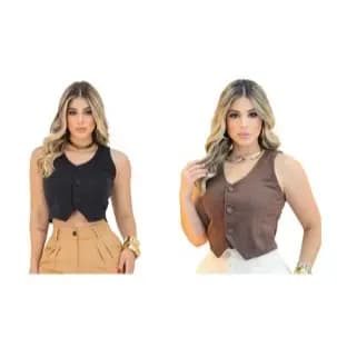 Colete Blazer Curto Jeans Feminino com Lycra