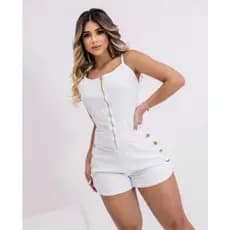 Macaquinho Jeans Lycra Branco Curto com zíper e botões. Macaquinho Jeans Feminino