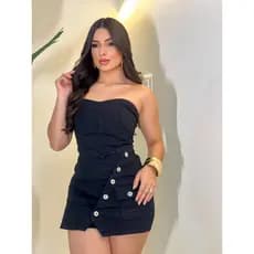 Conjunto Jeans Preto Feminino Cropped Tomara que caia e Short Saia  com lycra