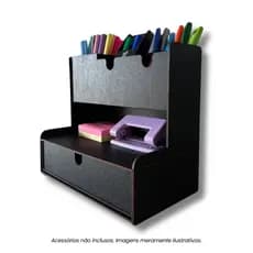 Organizador de Mesa em Madeira Preto – Porta-Treco e Porta-Lápis para Escritório e Home Office