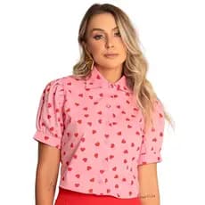 Blusa cropped Feminina camisa feminina manga curta Estampas coração botões Frontais Casual