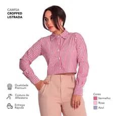 Camisa cropped no tricoline manga longa colarinho de botões