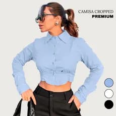 Blusa Camisa Cropped Manga Longa Tricoline Elegante