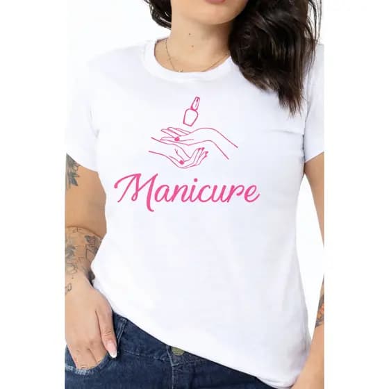 Camiseta T-Shirt Feminina Blusa Casual Minimalista Manicure Branca