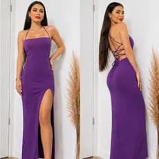 Vestido longo com fenda elegante costas nua trançada festas empina bumbum