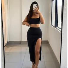 Conjunto Olívia Saia longa com Fenda e Cropped Suplex Canelado Branco Gringa Olívia