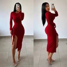 Vestido Mídi Longo  Manga Longa Com Puxador Lateral Canelado (Rute)