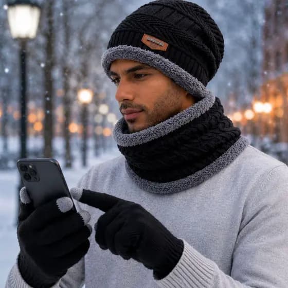 Kit Inverno Touca Gorro Forrado Cachecol Peluciada Luva Touch Térmica Frio Extremo Pelinhos Conforto Unissex