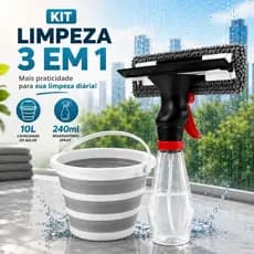 Kit Limpeza Balde Retrátil 10L Versátil Com Alça e Gancho + Rodo Rodinho Limpa Vidros Spray 3 em 1 Borrifa Lava e Seca