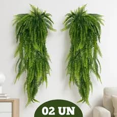 Kit 2 Samambaia Artificial Pendente 80cm PREMIUM Planta Decoração Jardim Flor Folhagem Verde